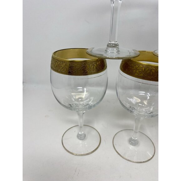 Set Of 6 Vintage MCM Double Gold Banded Wine Glasses Hexagonal Stems Plaza NYC - Picture 5 of 13